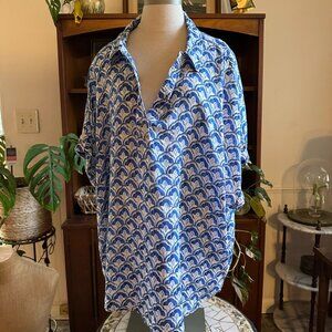 Sigred Olsen 100% Linen Blue & White Short Sleeve Button-Up Top Size 3X